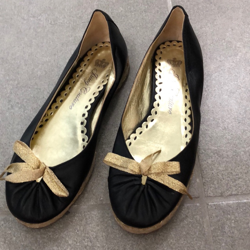 Juicy Couture espadrilles black leather with gold metallic bow rope sides